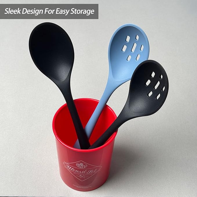 Silicone Spoons for Cooking - Extra Large Kitchen Spoons for Mixing, Serving, & Stirring - 600°F Heat-Resistant Non Stick Utensils Ladle - Dishwasher Safe, Solid,Black