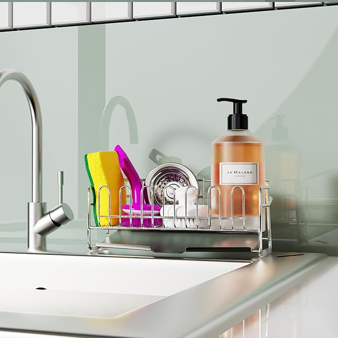 KABUM 304 Stainless Steel Sponge Holder for Kitchen Sink, Compact Sink Caddy with 4 Non-Slip Silicone Pads, Easy to Clean Rustproof 304 Steel, Kitchen Essentials, No-Tools Design (8.27x2.95x3.43)