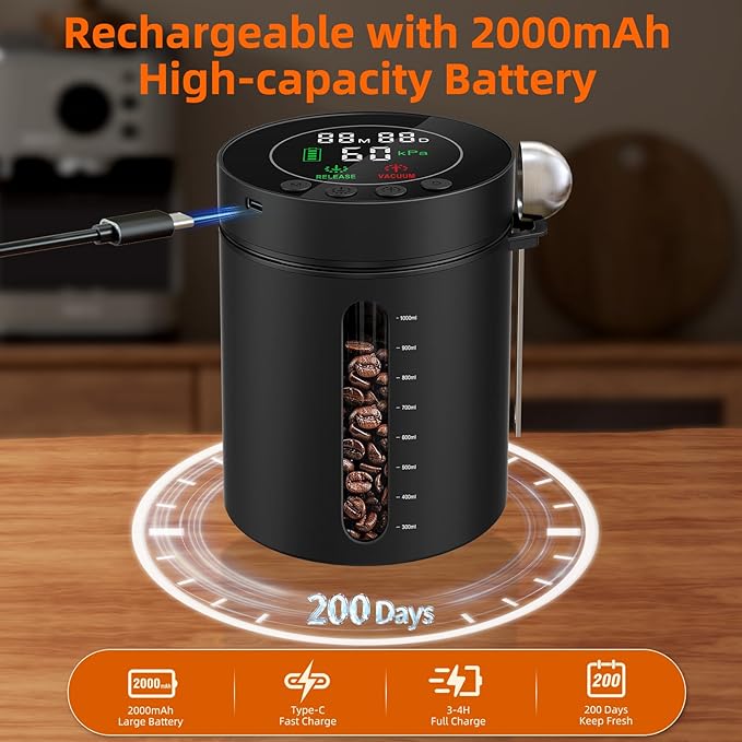 Automatic Vacuum Coffee Canister, 1.3L Airtight Food Storage Containers with Smart Pressure Sensor, Electric Coffee Bean Container Rechargeable with LED Display Window for Home Kitchen Food Storage