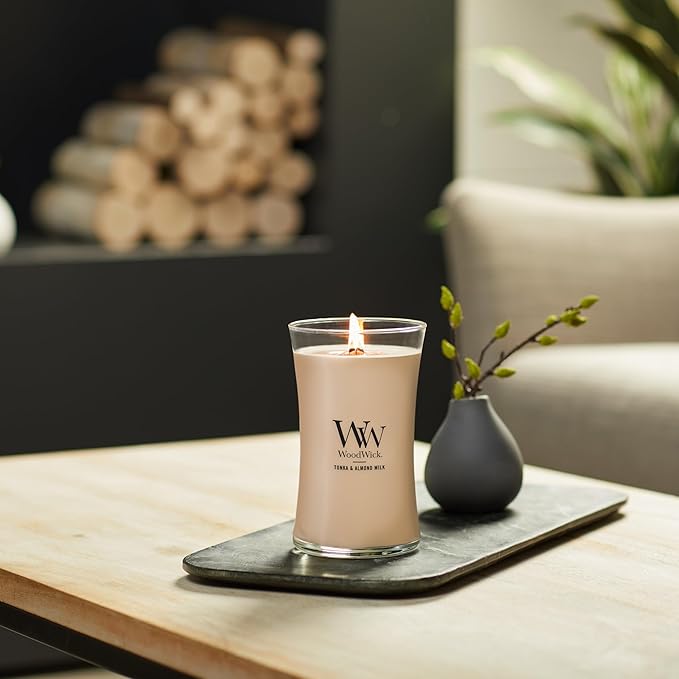 WoodWick Tonka & Almond Milk Gifts for Women and Men, 21.5 oz Large Hourglass Candle with Crackling Wick