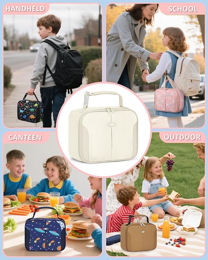 Capolo Insulated Lunch Box for Kids, Cute Thermal Lunch Bag for School, Reusable Lunch Tote for Boys and Girls, Durable Cooler Bag with Easy Grab Handle, Lightweight and Easy to Clean Meal Bag,beige