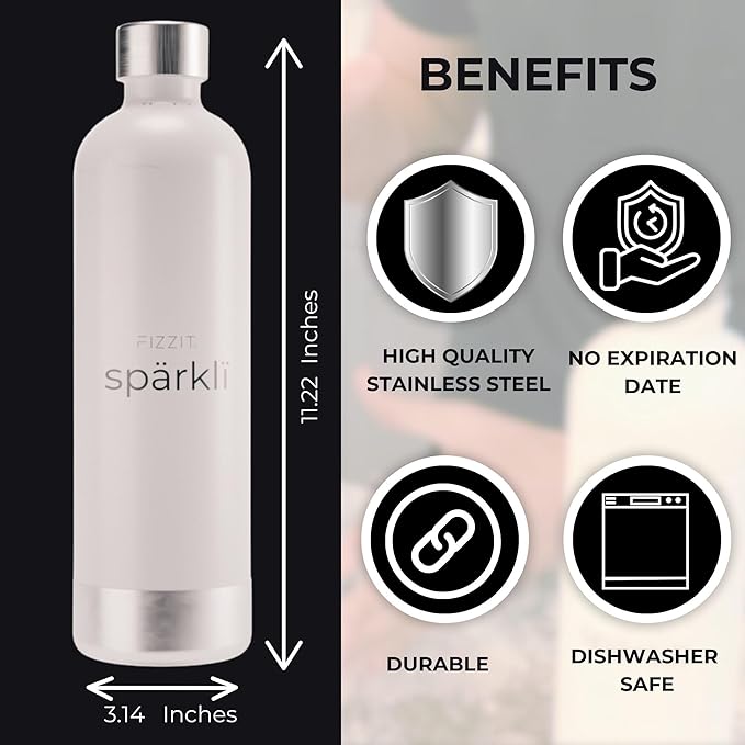 FIZZIT Spärkli 1L Stainless Steel Carbonating Bottle | Compatible with Aarke II & III, Philips GoZero & Monten Soda Makers | Reusable Sparkling Water Bottle, Dishwasher Safe, BPA-Free-Eco-Friendly