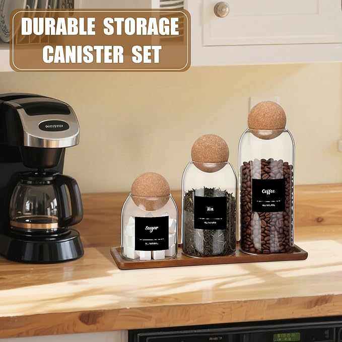 Suclain 3 Pcs Glass Coffee Storage Jar with Ball Cork Lid Wooden Spoon Shelf Labels Airtight Round Bottle Jar Food Storage Canister Set for Sugar Spice Coffee Bean Holder Candy Gift(17, 27, 41 oz)