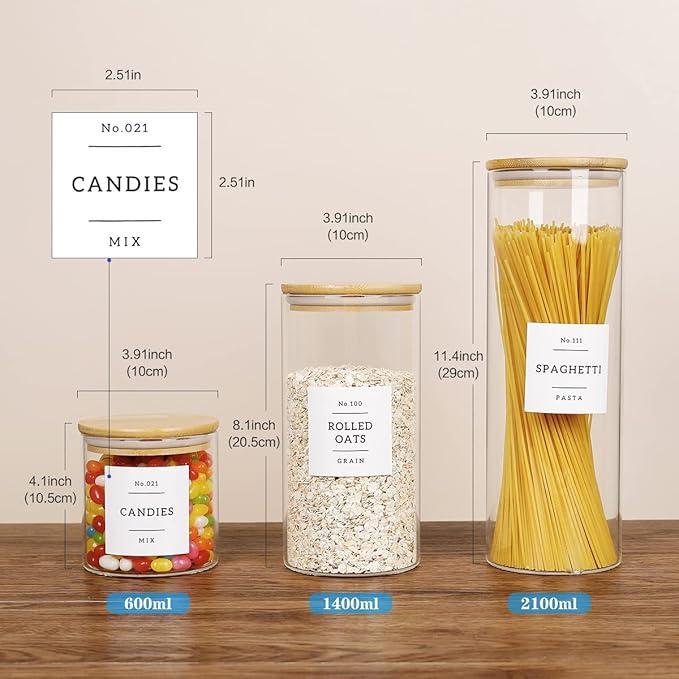 HHMJSM 5 Pcs Glass Food Storage Containers With 132 Pantry Labels Preprinted - Thicken(3mm) Jars Airtight Bamboo Lid Stackable Kitchen Canisters Set For Candy, Cookie, Rice, Sugar, Flour