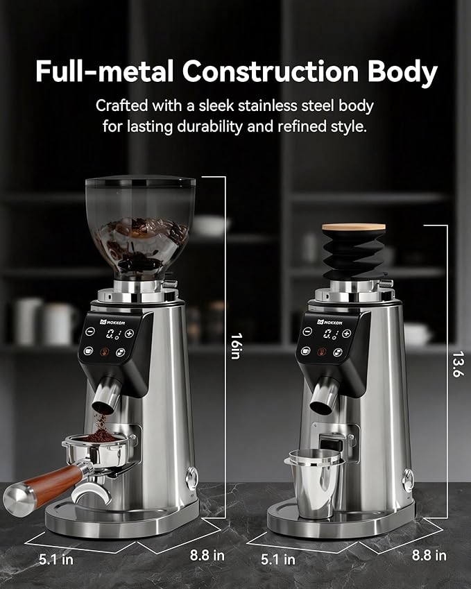 MOKKOM Professional 64mm Plated Flat Burr Coffee Grinder with 100 Grind Settings, All-Metal Stainless Steel Body, Coffee Bean Grinder with Adjustable Electronic Timer, Anti-Static, LED Display