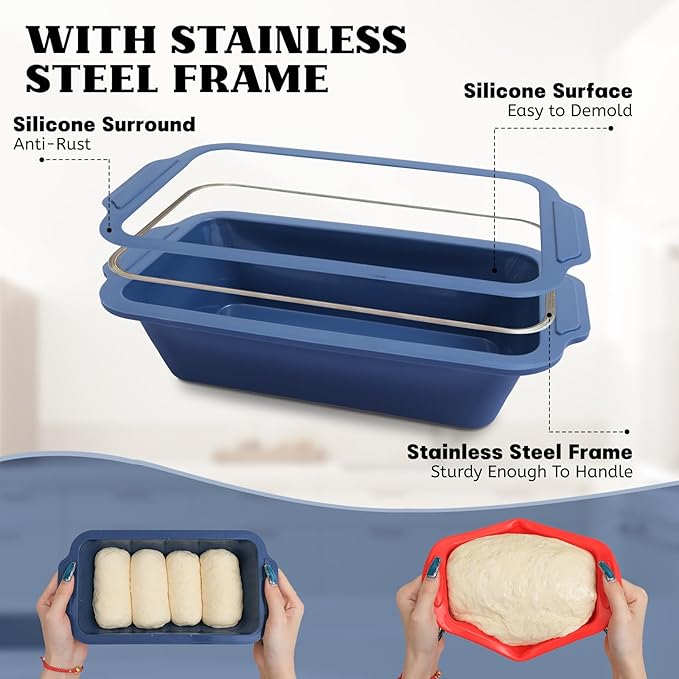 Bread Pan for Homemade Bread：9.5 x 5 Inch Silicone Loaf Pan for Baking with Metal Frame - Nonstick Banana Loaf Tin Tray for Sandwich Sourdough Pumpkin Sour Dough - for Oven Kitchen Home Bakers