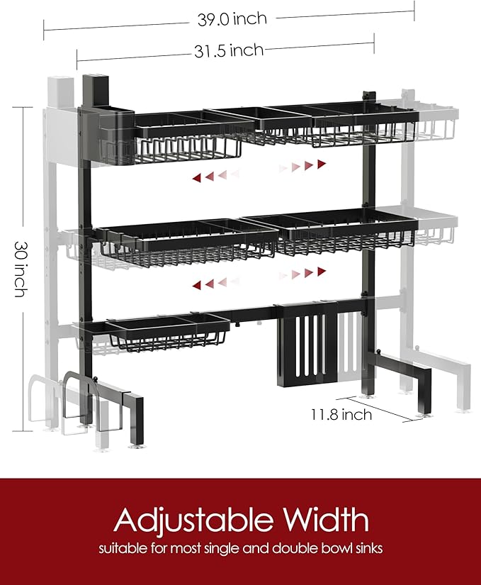 Sakugi Dish Drying Rack - Over The Sink Dish Drainer Drying Rack with Utensil & Knife Holder, Hooks, Stainless Steel Kitchen Organizers and Storage Solution, 11.8" D x 31.5"~39.0''W x 30" H, Black