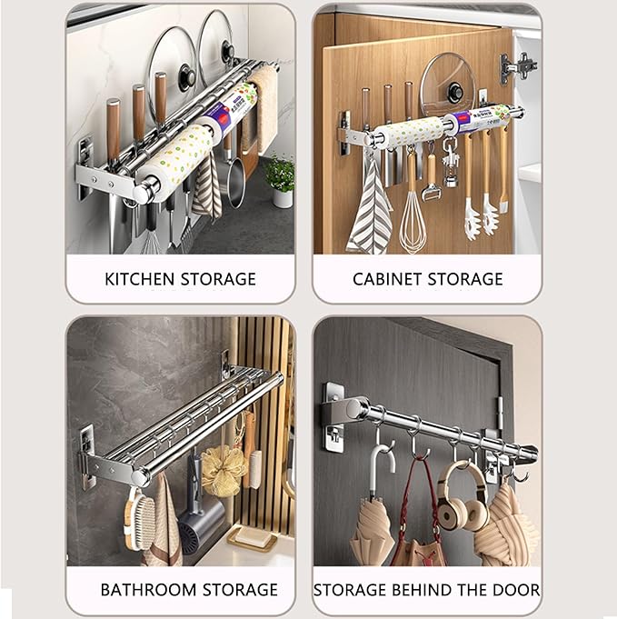 Hanging Wall Mount knife Wall Mount, Kitchen Organizer Storage Shelf for Utensils Spatula Spoon, Space-Saving Knife Rack with Hooks,Wall-Mounted Utensil Holder (Black, 40CM+Single Pole+6Hooks)