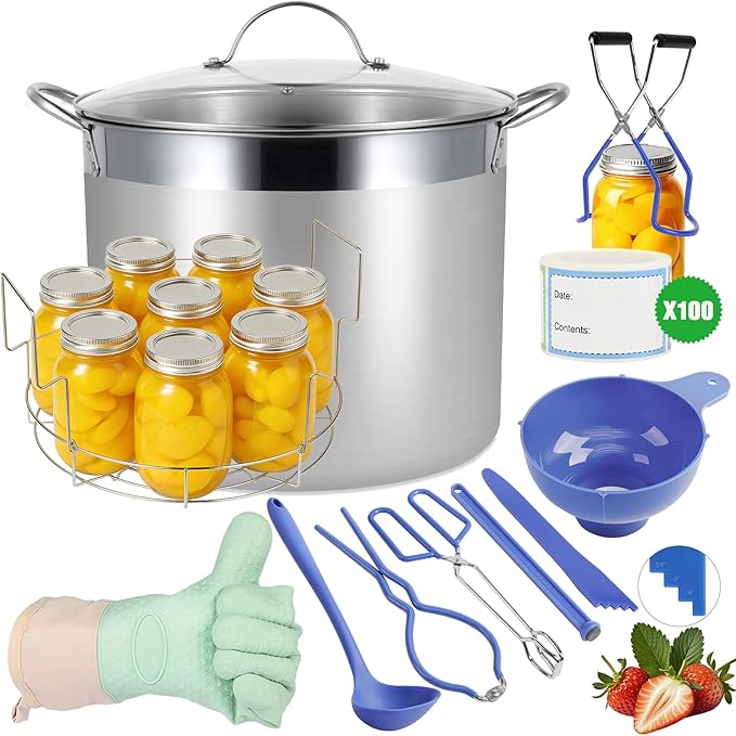 Stainless Steel Canning Pot with Rack and Lid, Large Water Bath Canner, Full Home Canning Supplies Starter Kit (27.5 Quarts, Blue)