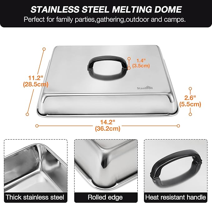 Stanbroil Melting Dome & Grill Press Kit- Stainless Steel Basting Cover Cheese Melting Dome with Cast Iron Burger Bacon Press for Flat Top Griddle Grill Indoor/Outdoor