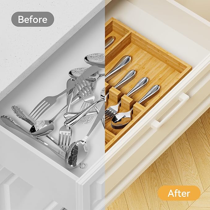 Yofidra Bamboo Silverware Organizer, 13.8 x 9.84 x 1.96 Inches Kitchen Utensil Drawer Organizer, Silverware Tray for Drawer with Fixed Slots for Spoons, Forks & Knives, Natural