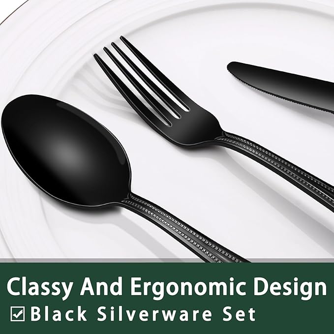 EWFEN 24-Piece Black Silverware Set with Steak Knives, Black Flatware Set for 4, Food-Grade Stainless Steel Tableware Cutlery Set, Mirror Finished Utensil Sets for Home Restaurant, Pearled Edge