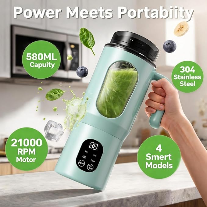 Portable Blender 12-Blades Portable Juicer for Smoothies, 580ml Rechargeable Personal Blenders with Handle & Extra Lid, USB-C Mini Blender Cup for Travel, Office, Gym, BPA-Free (Green)