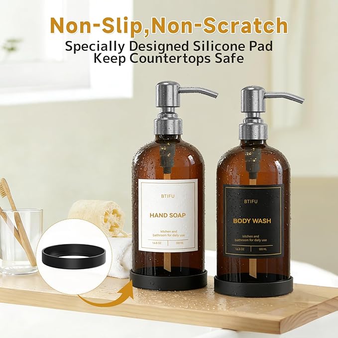Kitchen Soap Dispenser Set – 16.8oz/500ml Glass Hand and Dish Soap Dispenser with Stainless Steel Pumps & Non-Slip Silicone Base, Luxury Countertop Decor for Home, Airbnb, Spa (Amber & Silver)