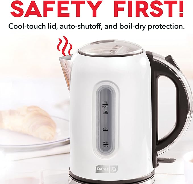 DASH DEK001MW Electric Kettle + Water Heater with Rapid Boil, Cool Touch Handle, Cordless Carafe, No Drip Spout + Auto Shut Off For Coffee, Tea, Espresso & More, 57 oz/ 1.7 L - Matte White