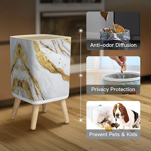 Small Trash Can with Lid Luxury White Gold Marble texture Panoramic Marbling texture for Wastebasket with Press Cover Dog Proof Garbage Can Waste Bin for Kitchen Bathroom Nursery 2.6 Gallon