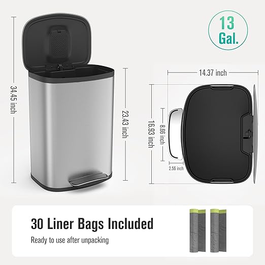13 Gallon/50L Trash Can with Foot Pedal, Stainless Steel Garbage Can with Soft-Close Lid, Garbage Bin Exquisite Oval Shape Cover Hands-Free for Kitchen, Bathroom, Office