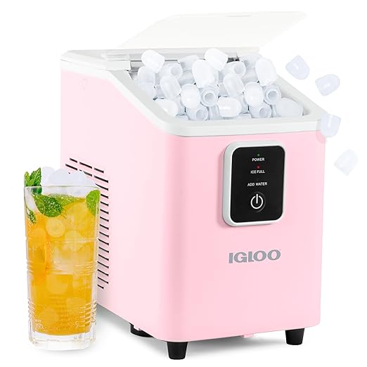 Igloo Portable Ice Maker with Scoop & Basket - Ice Maker with LED Control Panel & 1 Quart Water Tank- Ice Cube Maker Produces 26 Lbs Of Ice In 24 Hours with 8 Large or Small Cubes In 7-8 Minutes- Pink