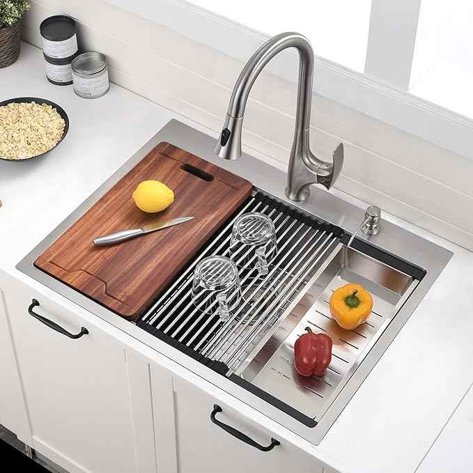30 Inch Drop In Kitchen Sink Workstation Stainless Steel - VOKIM 30 x22-Inch Single Bowl Kitchen Sink 16 Gauge Stainless Steel 10'' Deep Handmade Kitchen Sink with Cutting Board& Strainer