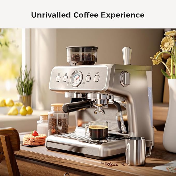 Kismile Espresso Machine with Grinder, 20 Bar Expresso Coffee Machines with Milk Frother, 58mm Expresso Machines for Home, Perfect for Cappuccino & Latte, Stainless Steel(2026 Upgrade)
