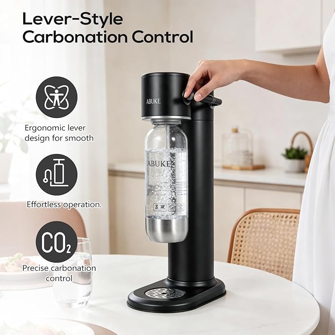 Aluminum Sparkling Water Maker with Lever Handle, Metal Body & Nozzle, Compatible with Threaded CO2 Cylinders, Automatic Pressure Release, BPA-Free PET Bottle, 2-Year Warranty