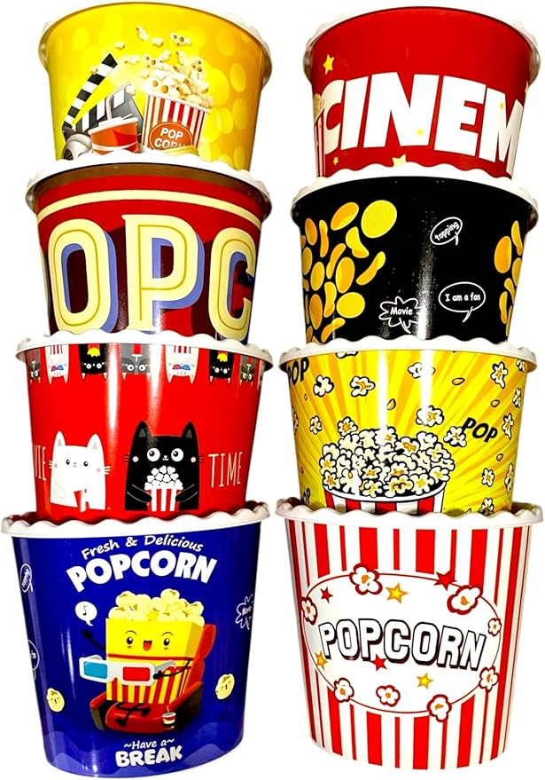 Modern Style Reusable Plastic Popcorn Box/Popcorn Containers/Popcorn Bowls Set for Movie Theater Night - (BPA Free - 8 Pack - 75 oz) (Mix 8-R)