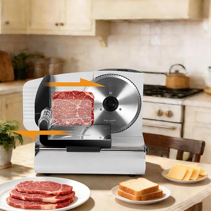 SUPER DEAL Premium Electric Food Meat Slicer - 7.5inch Stainless Steel Blade Home Kitchen Deli Meat Food Vegetable Cheese Cutter - Thickness Adjustable - Spacious Sliding Carriage - Easy to Clean