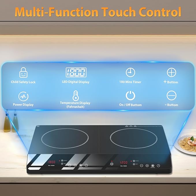 Double Burner Induction Cooktop, 1800W Portable Induction Cooktop 2 Burner with 9 Temp & Power Independent Touch Control, Electric Stove Top Cooker with Safety Lock, 3 Hour Timer