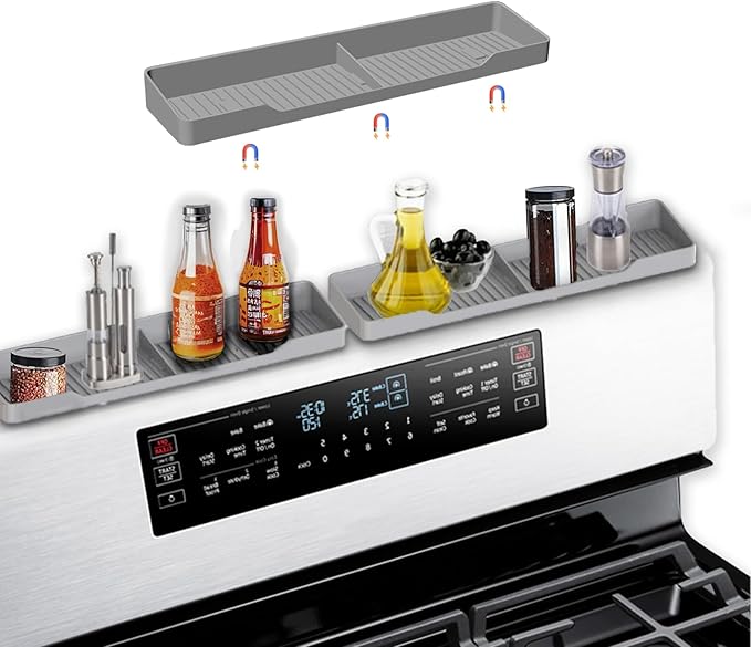 15 Inch Magnetic Silicone Stove Top Shelf, Heat Resistant Spice Rack for Kitchen, Space Saving Organizer with 3 Sticky Pads, Fits Back of Stove (Light Grey, 15" x 3.8")