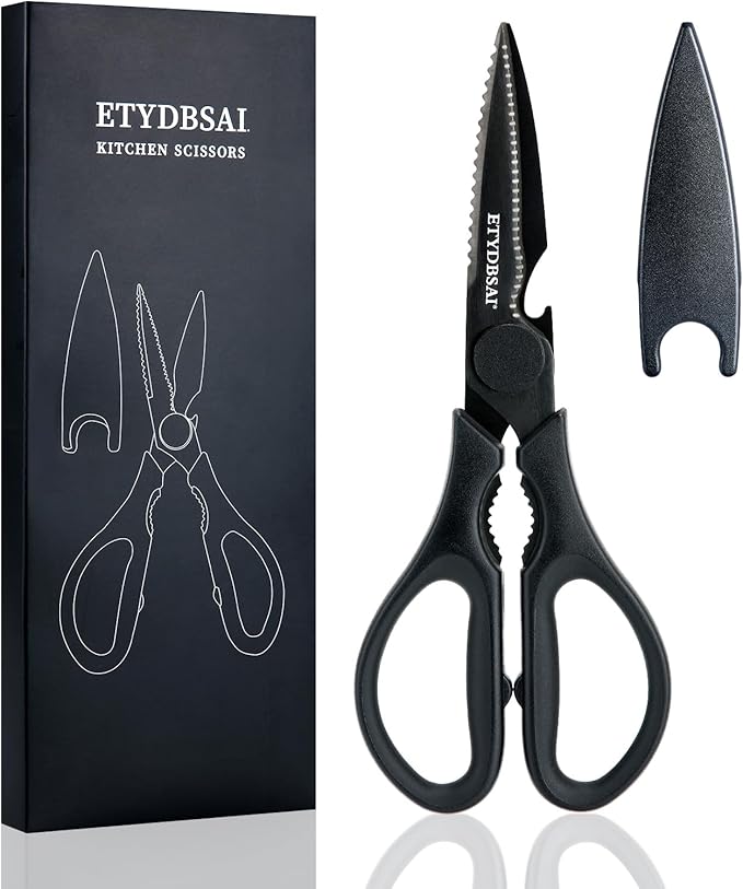 All Purpose Kitchen Scissors for Food, Heavy Duty Kitchen Shears that Come Apart Dishwasher Safe, Sharp Durable Stainless Steel Scissors for Meat, Soft Grip Comfort Handle,Titanium Plated Black