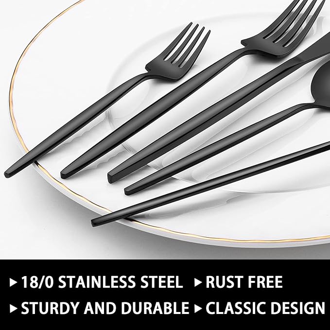 60-Piece 12 Setting Black Silverware, Food-Grade Stainless Steel Flatware Cutlery Set for Home, Office, Restaurant, Hotel