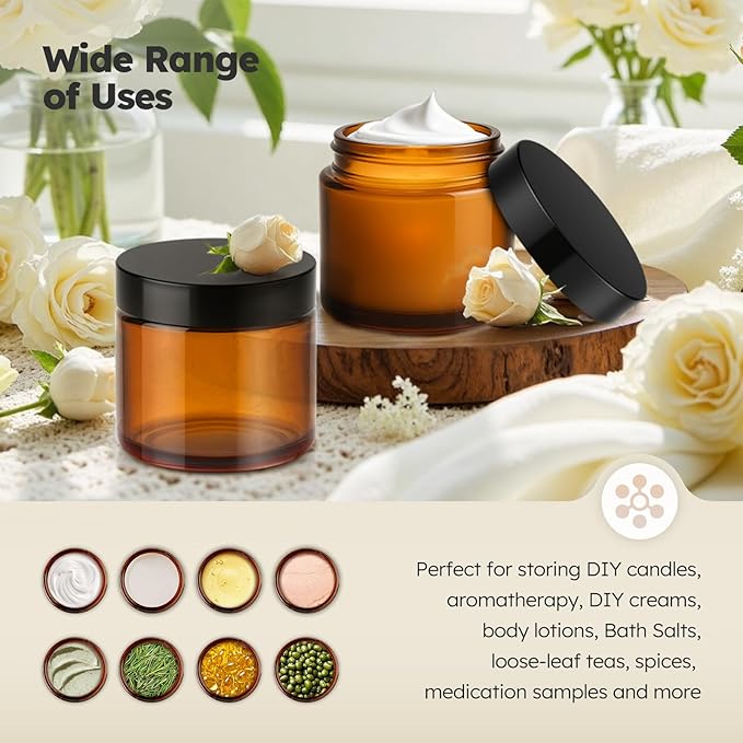 2 oz Glass Jars with Lids, 36 Pack Amber Small Glass Jars with Black Lids Leakproof Round Airtight Empty Cosmetic Travel Containers with Inner Liners For Lotions Powders and Candle Making
