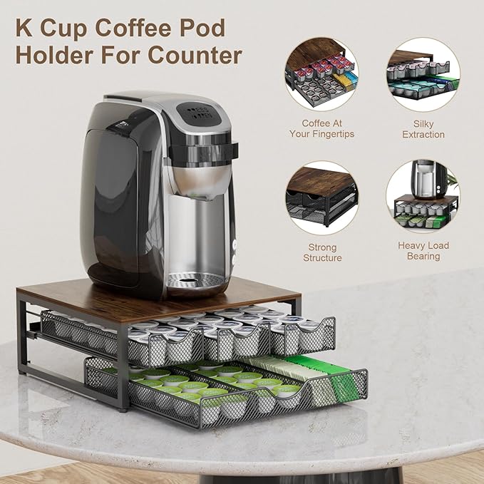 Coffee Pod Holder For Counter, 3 Pull-Out 72 K-Cup Holder Drawer, Wooden Cafe Pods Storage Organizer with Sliding Drawers for Coffee Station, Home, Kitchen, Office, Dorm (Antique Finish)
