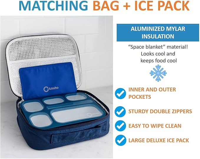 kinsho Lunch Boxes for Boys Teens Adults - Bento Box Set with Insulated Bag and Ice Pack, 6 Compartment Leak Proof Food Container, BPA-Free, Microwave Safe, Ideal for School & Work, Navy Blue