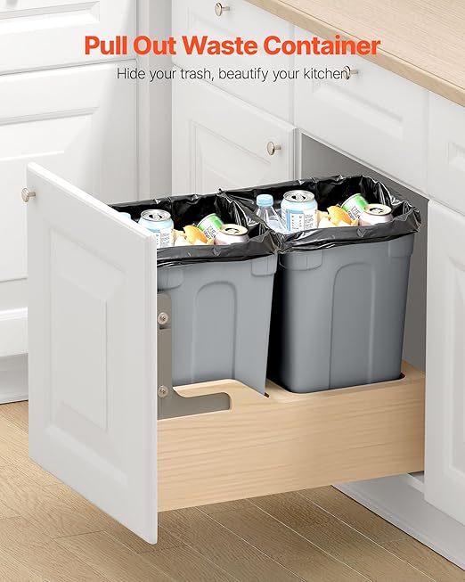 VEVOR Wood Pullout Trash Can for Kitchen Cabinets, 35 QT x2 Double Under Sink Garbage Waste Recycling Bin, Under Mount Waste Container, with Heavy Duty Metal Soft Close Sliding System and Door Kit