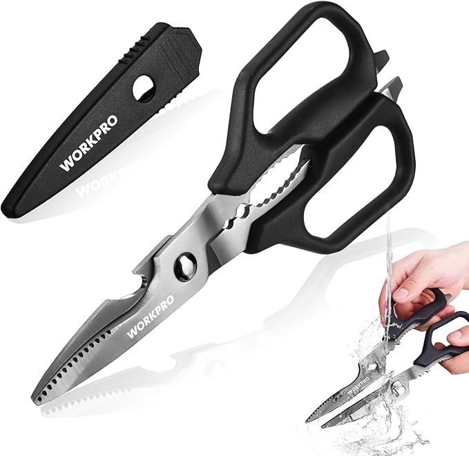 WORKPRO Kitchen Scissors, All Purpose Kitchen Shears with Detachable Titanium Coated Blades for Easy Cleaning, Heavy Duty Scissors for Meat, Fish, Nuts, Vegetables, Protective Cover Included