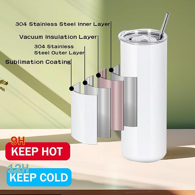 12 Pack 20oz Sublimation Tumblers Bulk,Flat Edge Sublimation Tumbler Blank, Skinny Straight Stainless Steel Blanks Cups with Individual Box (12, 20OZ FLAT EDGE)