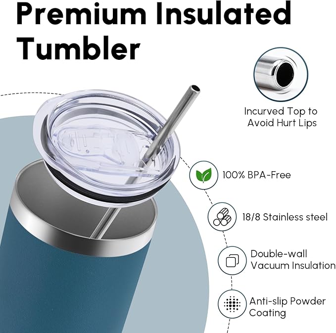 Volhoply 4 Pack Skinny Tumblers with Lid and Straw, 20oz Stainless Steel Straight Tumbler Bulk, Vacuum Insulated Coffee Mug for Home, Office, Travel, DIY (Dark Green,4 Pack)