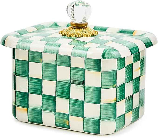MACKENZIE-CHILDS Enamel Recipe Box, Index Card Box with Lid, Includes 40 Recipe Cards, Green-and-White Emerald Check