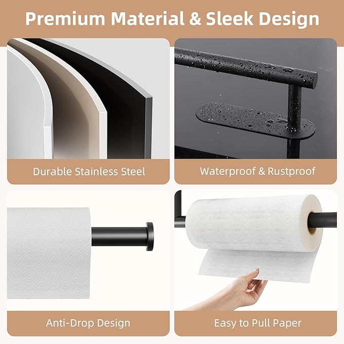 2 Pack Paper Towel Holder, Improved Paper Towel Holder Under Cabinet, Stainless Steel Paper Towel Holders Bar Rack with Self Adhesive and Screws for Kitchen, Bathroom, RV, Black