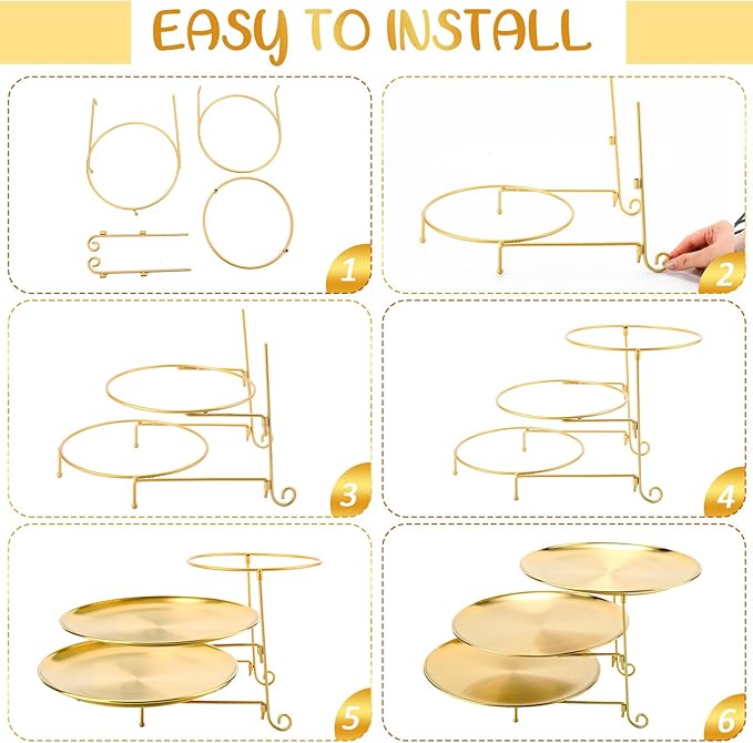 Domensi 7 Pcs Pizza Pan Riser Stands Sets Includes Tiered Tray Stand Stainless Steel Pizza Pan and Wood Handle Knife for Tables Party Restaurant (Gold)