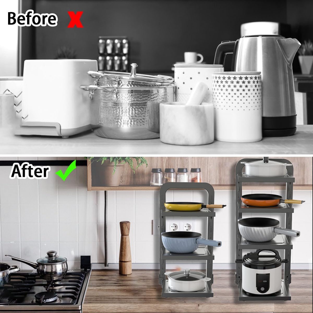Pots and Pans Organizer Under Cabinet,3 Tier Adjustable Cabinet Pan Organizer Rack, 21''Heavy Duty Pot Rack,Pot lid organizer for Kitchen Pantry to Store Dutch Ovens,Cast-Iron Pans (3L-A)