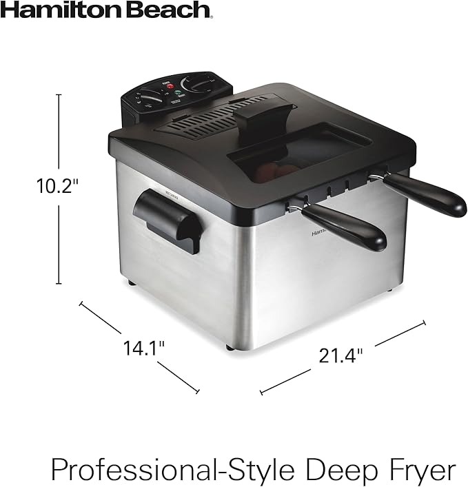 Hamilton Beach Electric Deep Fryer with 2 Baskets and Lid, 4.5 Liters / 19 Cups Oil Capacity, Temperature Control, View Window, Professional Style, 1800 Watts, Stainless Steel (35036)