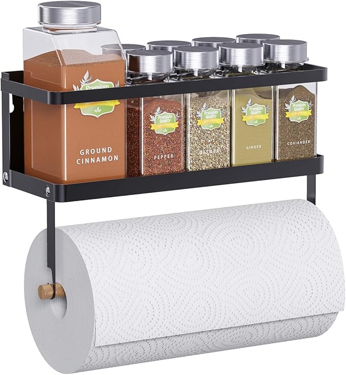 Thipoten Magnetic Spice Rack, 2-in-1 Foldable Strong Magnetic Shelf with Paper Towel Holder, Perfect Space Saver for Small Kitchen/Apartment, Easy to Install on the Side of Refrigerator(Black)