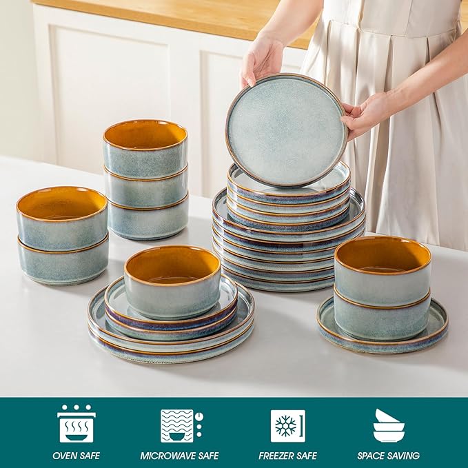 vancasso ONION Ceramic Plates and Bowls Sets, 24 Pieces Light Blue Dinnerware Sets for Kitchen, Reactive Glaze Dishes Set for 8, Dishwasher and Microwave Safe