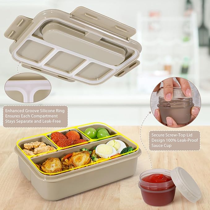 Caperci Bento Box Adult - 50 oz Large Lunch Containers for Adults and Teens, 4-Compartment Bento Lunch Box with Utensils & Leak Proof Sauce Cup, Dishwasher Safe, Durable, BPA-Free (Mocha)