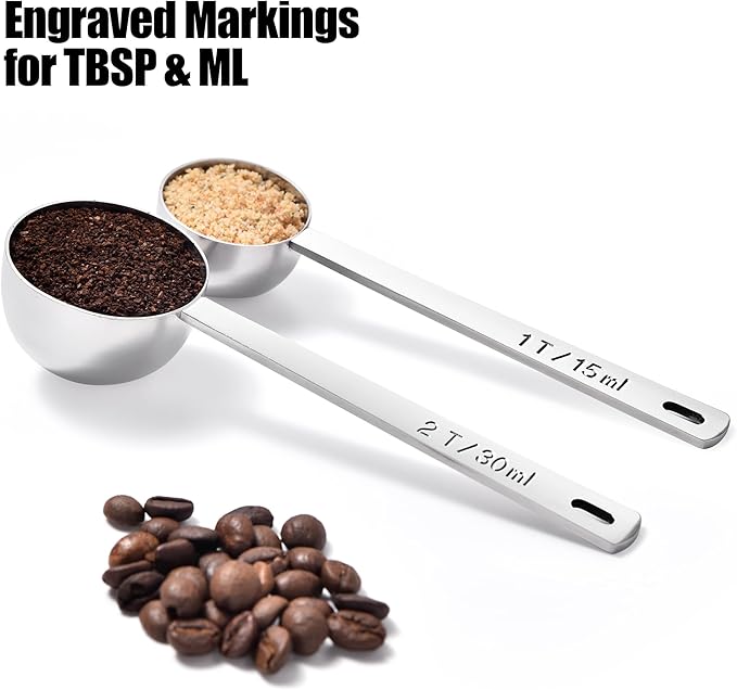 Doosu 18/8 Stainless Steel Food-Grade Measuring Coffee Scoop with 4.3in Long Handle (1 & 2 Tbsp) and 600°F Heat Resistant Silicone Jar Scraper Spatula (Aqua Sky)