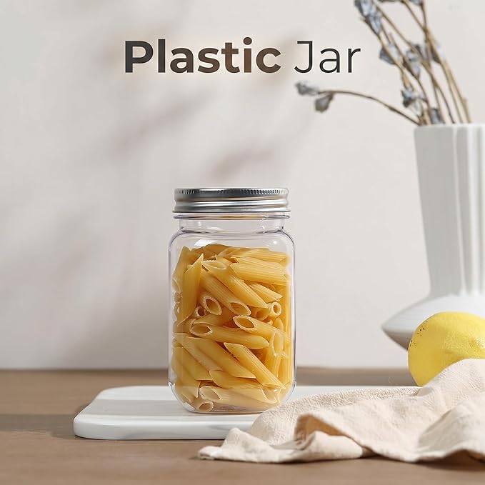 novelinks 16 oz Clear Plastic Jars with Lids, Refillable 16oz Mason Jars with Lids & Storage Containers for Kitchen & Household Use (15 Pack,Silver)