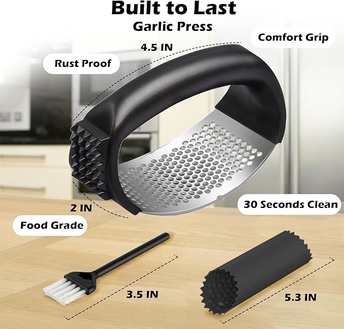 Garlic Press Rocker Set，Stainless Steel Garlic Mincer Tool with Garlic Peeler and Cleaning Brush Kitchen Gadgets Essentials Garlic Chopper