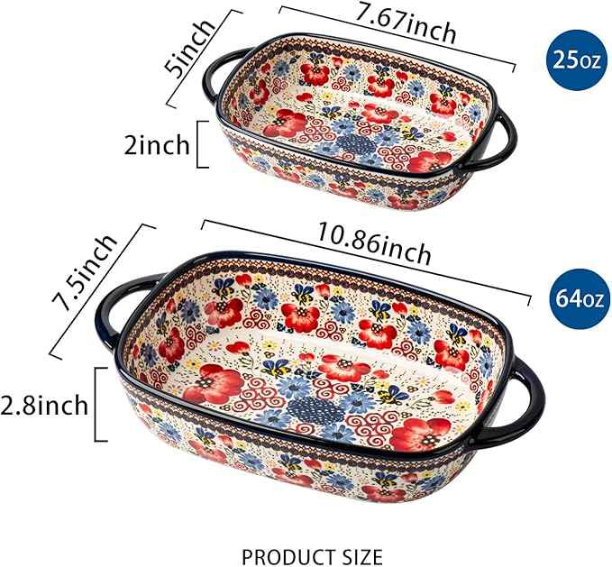 Baking Dish Ceramic Baking Pan Blue Casserole Dish Porcelain rectangular Baking Set 2pcs Bakeware Sets Single Serving Size Lasagna Pan Baking Dishes for oven(Honey Flower)